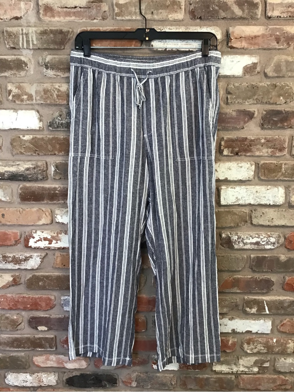 GAP Women’s Navy White Linen Vertical Stripe Drawstring Wide Leg Pants L - Picture 2 of 5